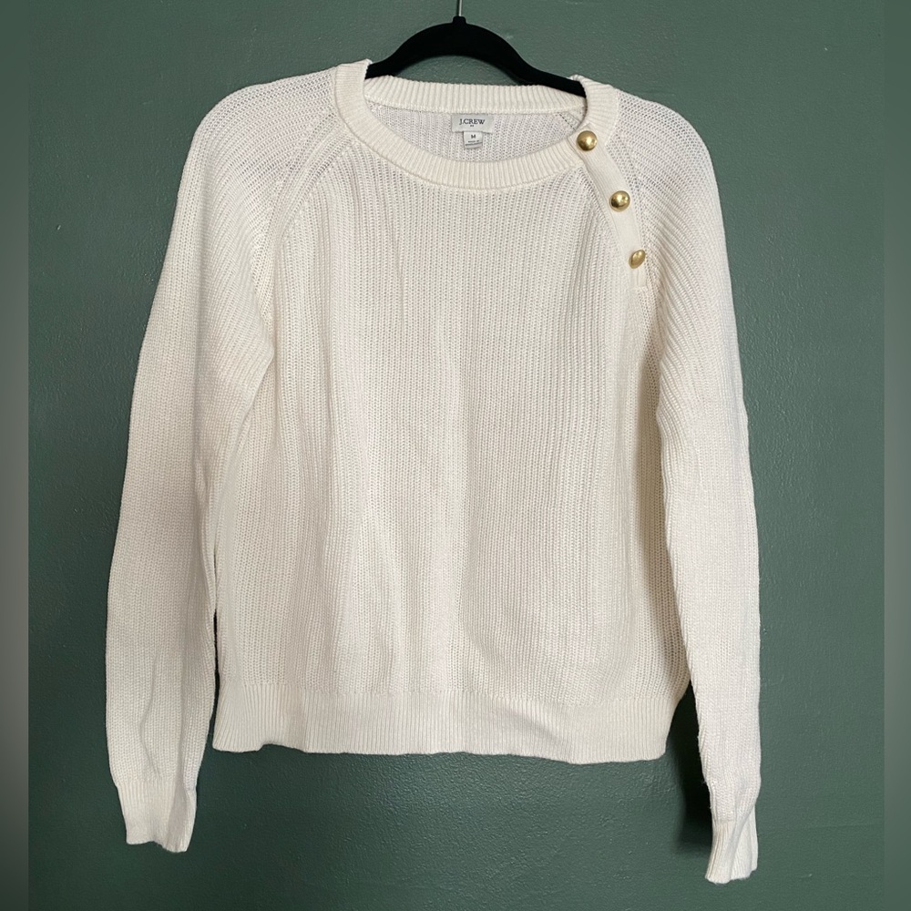 J.Crew- raglan crewneck sweater cotton blend nailhead gold button shoulder M